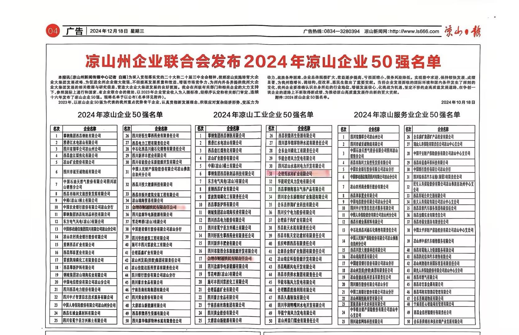 喜报!联鑫矿业会理区域双星闪耀,共登凉山工业企业50强榜单(图2) 喜报!联鑫矿业会理区域双星闪耀,共登凉山工业企业50强榜单(图2)