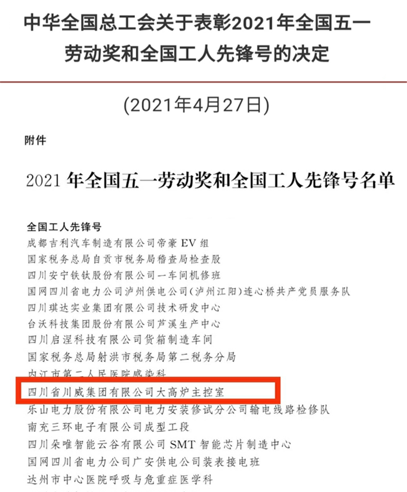 川威钒钛科技大高炉主控室荣获全国工人先锋号